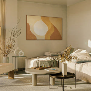 Calm abstract art on canvas in a frame with light "Embrace of the Dawn"