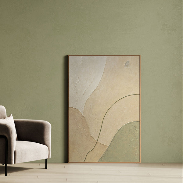 Abstraktes Acrylbild mit Rahmen „Sandweg“ – Moderne Wandkunst in Beige und Grün