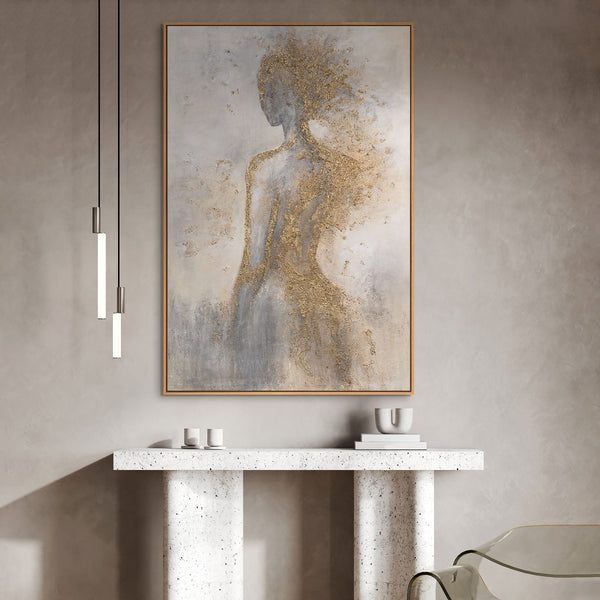 Abstraktes Gemälde mit Rahmen „Goldene Aura“ – Wandkunst mit goldener Struktur