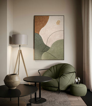 Abstraktes Wandbild mit Struktur in Beige, Grün & Gold – Modernes Acrylgemälde auf Leinwand