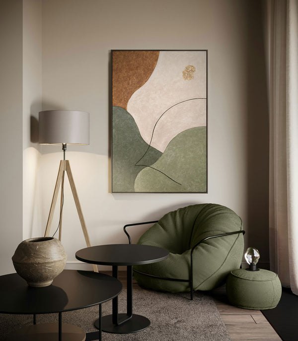 Abstraktes Wandbild mit Struktur in Beige, Grün & Gold – Modernes Acrylgemälde auf Leinwand