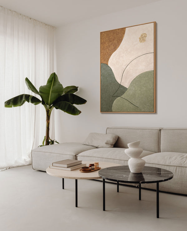 Abstraktes Wandbild mit Struktur in Beige, Grün & Gold – Modernes Acrylgemälde auf Leinwand