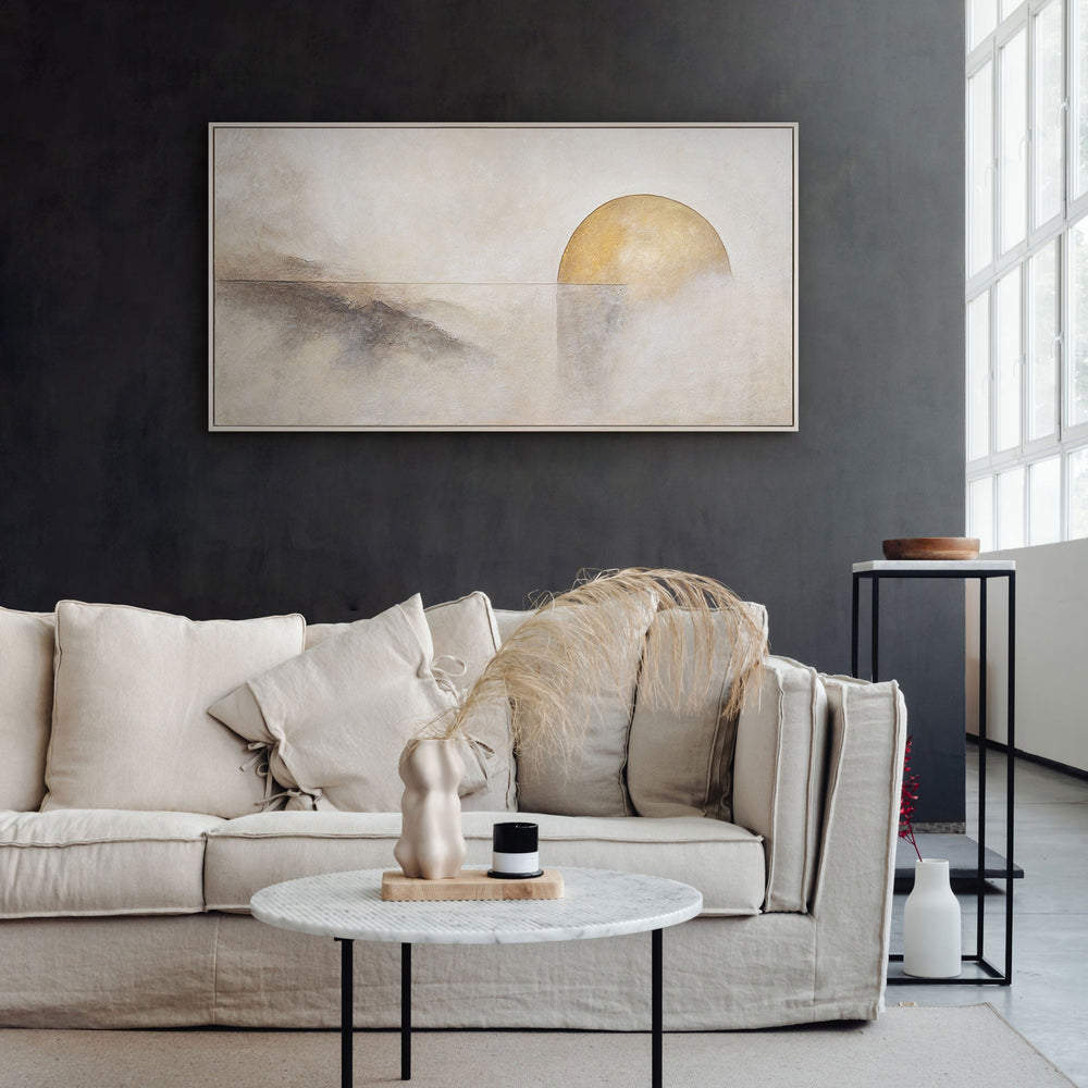 Handgemaltes Struktur Gemälde „Horizontlinie“ - Wanddeko in Beige Gold