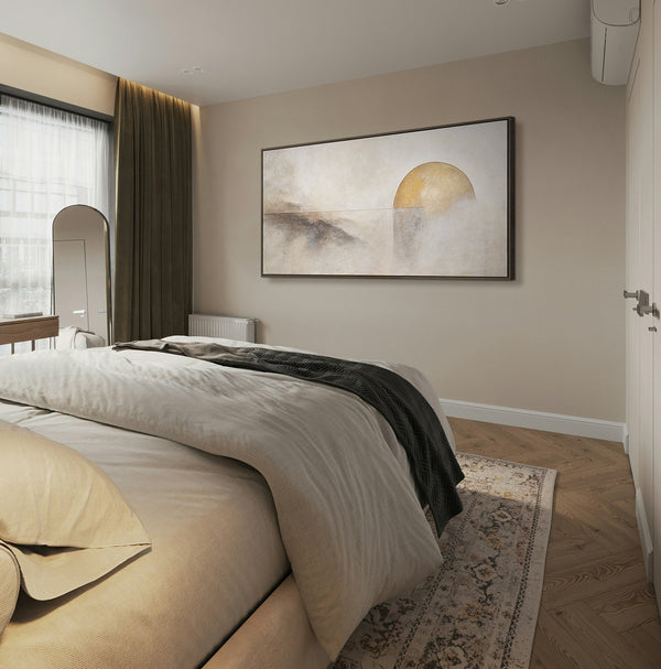 Handgemaltes Struktur Gemälde „Horizontlinie“ - Wanddeko in Beige Gold