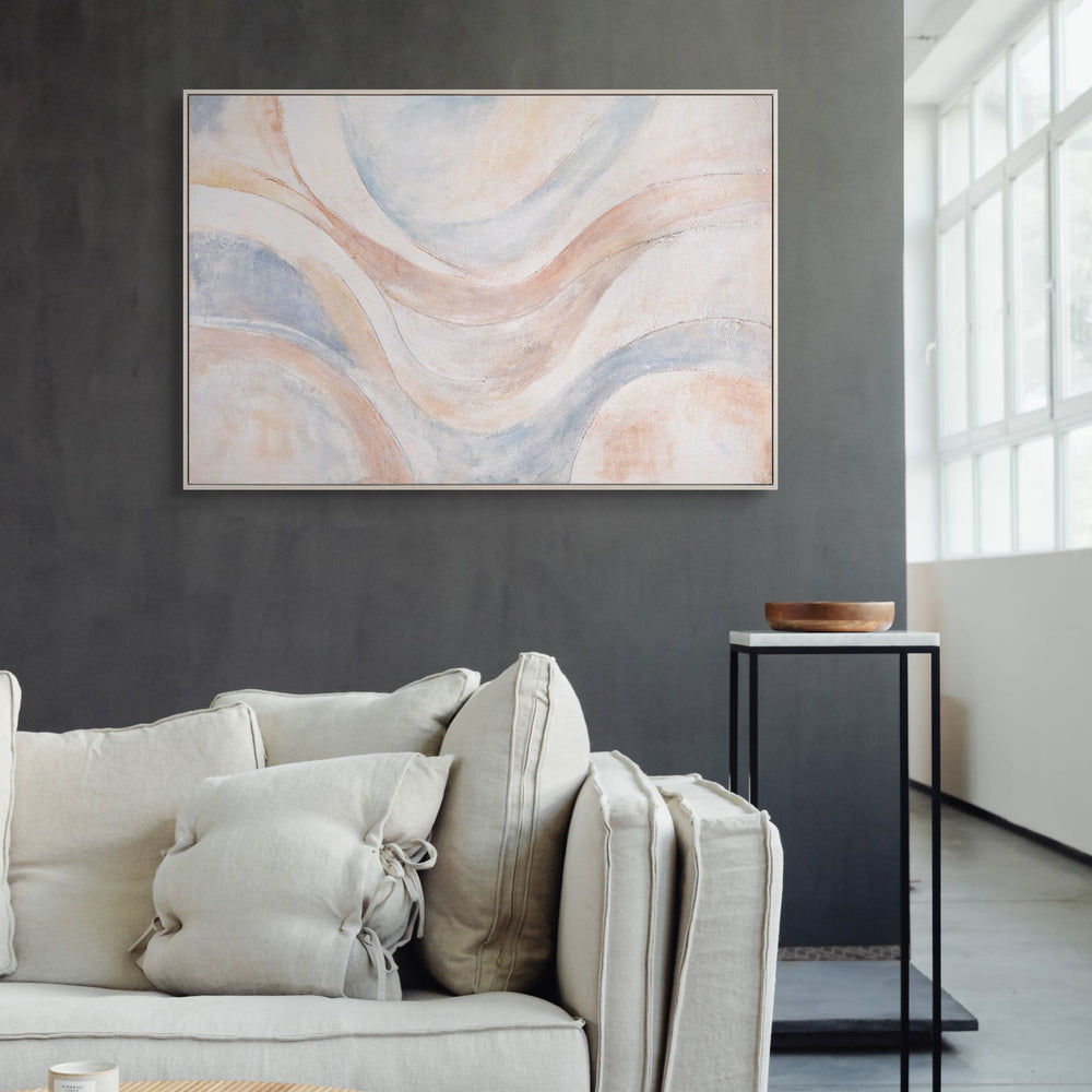 Abstraktes Acrylbild „Windlinien“ – Moderne Wandkunst in Beige, Blau & Rosa