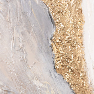 Abstraktes Kunstbild mit vertikalem Goldakzent und heller Textur