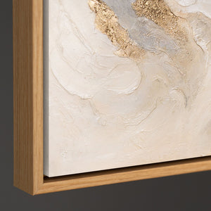 Handgemaltes abstraktes Strömungsbild „Strahlende Ströme" – Creme, Gold & Grau, 60x40 cm mit Naturrahmen