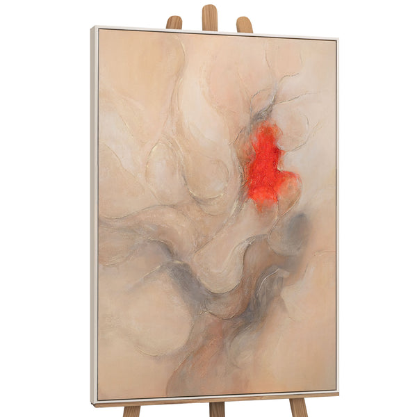 Abstraktes Acrylbild „Echo der Flammen“ – Moderne Leinwandkunst in Beige und Rot