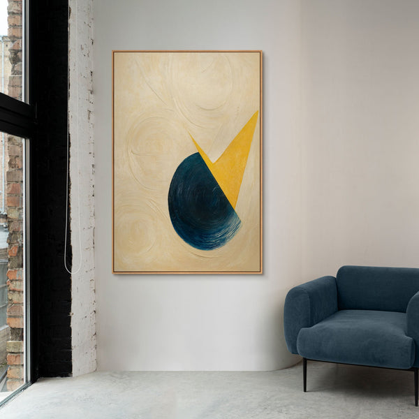 Abstraktes Kunstwerk „Schnitt durch den Horizont“ – Acrylgemälde modern in Blau und Gelb