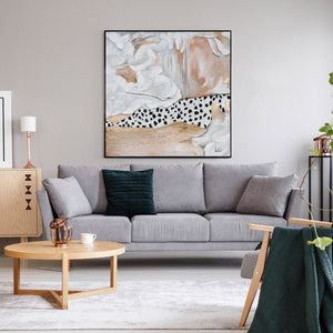 Abstraktes Gemälde mit goldenen und weißen Tönen, modernes Kunstwerk, handgemalt, auf Leinwand, mit schwarzem Rahmen, ideal für Wohnzimmerdekoration, großes Wandbild