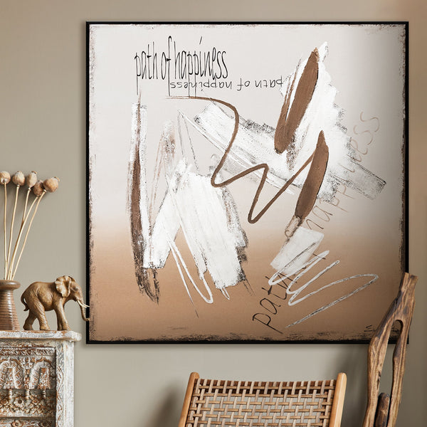 Modernes abstraktes Gemälde im Rahmen, braune und weiße Farbpalette, kunstvolles Wandbild, handgemalte Kunst, 100 % handgefertigt, hochwertige Acrylfarben, perfekte Dekoration für Esszimmer, Esszimmer mit weißem Tisch und Stühlen