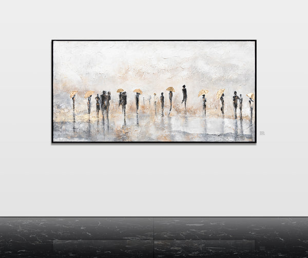 Abstrakte Acrylmalerei mit goldenen Akzenten - Handgemaltes Bild "Menschen im Regen" mit Rahmen