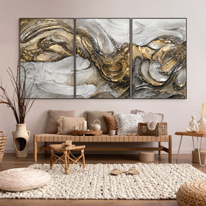 Handgemaltes Leinwand für Wohnzimmer Triptychon mit Rahmen „Tsunami“