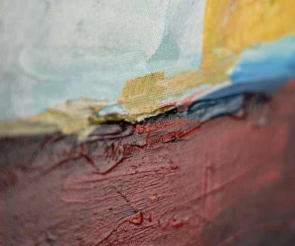 Handgemaltes Landschaftsbild "Gezeiten der Inspiration" – Abstraktes Motiv mit Boot und Häusern