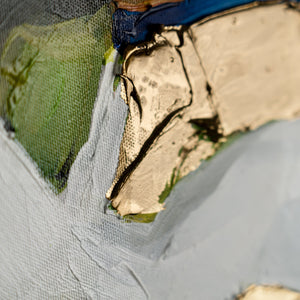 Abstraktes Leinwandbild „Inspiration" – Nahaufnahme der goldenen Reliefstruktur und Farbschichten