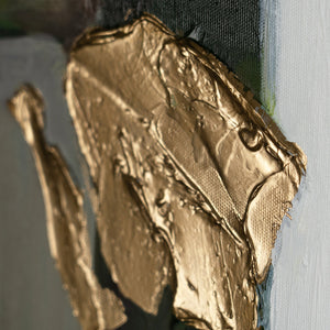 Detail des Gemäldes „Inspiration" – goldene Reliefakzente auf grünem und gelbem Hintergrund