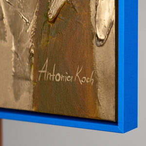 Handgemaltes Bild „Inspiration" an der Wand – figurative Malerei mit Goldakzenten und blauem Rahmen