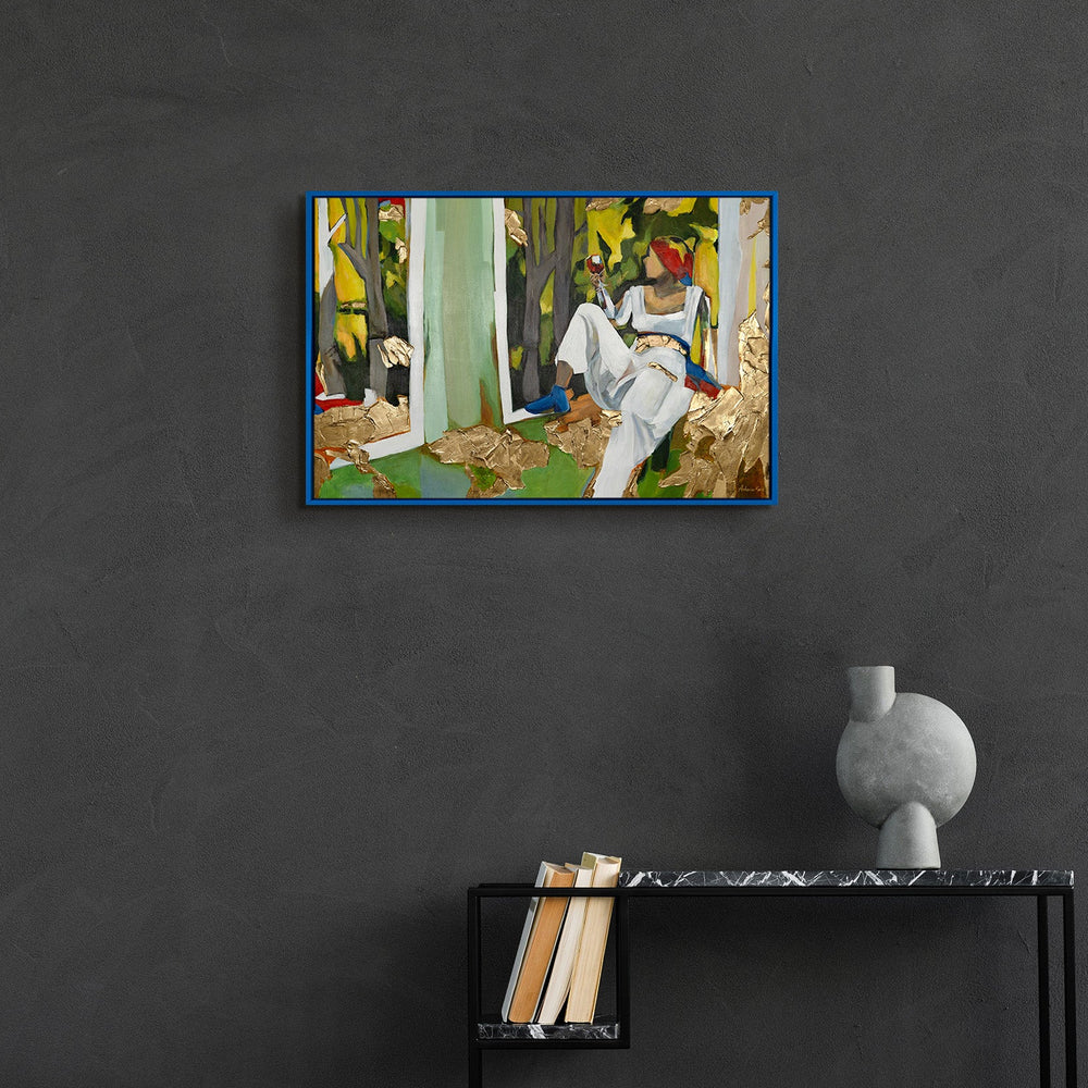 Figuratives Acrylbild „Inspiration" im modernen Wohnzimmer – farbige Wanddeko mit blauem Rahmen