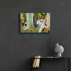 Figuratives Acrylbild „Inspiration" im modernen Wohnzimmer – farbige Wanddeko mit blauem Rahmen