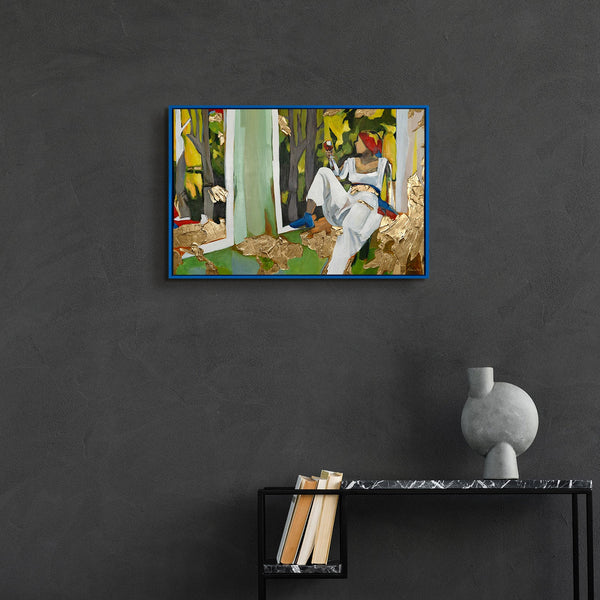 Figuratives Acrylbild „Inspiration" im modernen Wohnzimmer – farbige Wanddeko mit blauem Rahmen