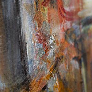 Detail des Gemäldes „Städtische Atmosphäre" – expressive Farbschichten in Ochre, Rot und Schwarz