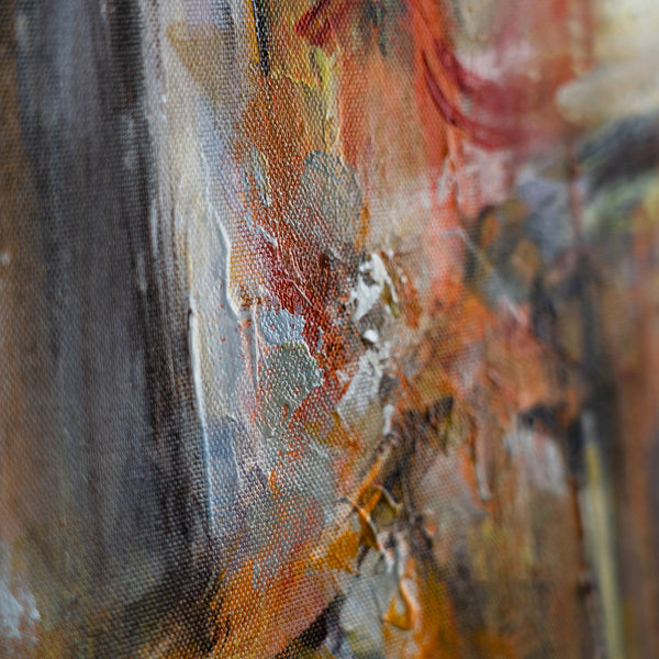 Detail des Gemäldes „Städtische Atmosphäre" – expressive Farbschichten in Ochre, Rot und Schwarz