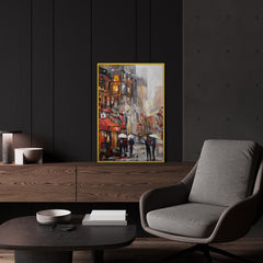 Handgemaltes Bild „Städtische Atmosphäre" an der Wand – expressives Stadtpanorama mit gelbem Rahmen