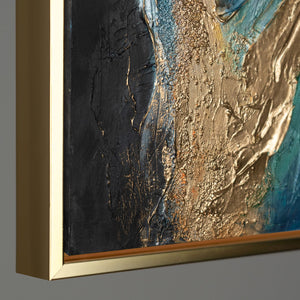 Handgemaltes abstraktes Acrylbild „Abstrakte Symphonie" – Gold & Grau Reliefstruktur, 60x40 cm mit goldenem Rahmen