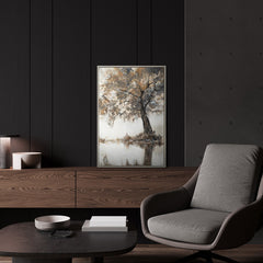 Naturgemälde „Lyrischer Baum" im modernen Wohnzimmer – ruhige Wanddeko in Beige und Grau