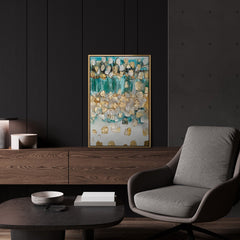Abstraktes Acrylbild „Rhythmus der Unendlichkeit" im modernen Wohnzimmer – türkise Wanddeko mit Goldakzenten
