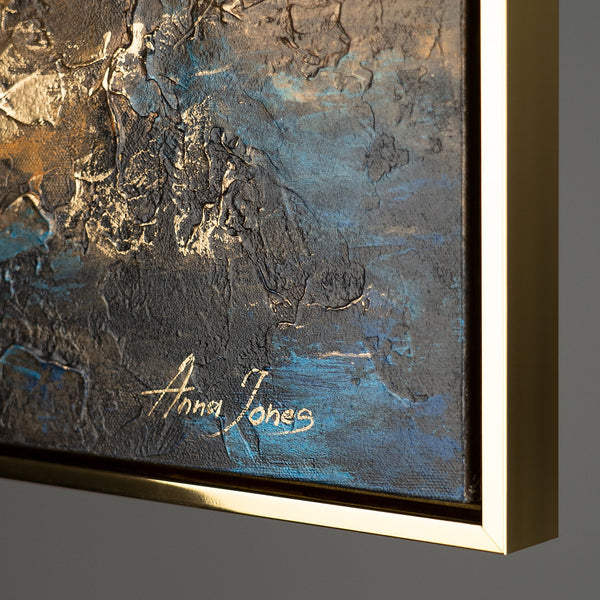 Handgemaltes Wandbild „Stille Morgendämmerung" – atmosphärischer Himmel in Gold, Blau und Grau