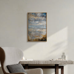 Handgemaltes Naturbild „Stille Morgendämmerung" an der Wand – dramatischer Himmel mit goldenem Rahmen