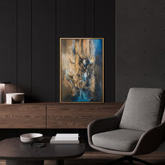 Handgemaltes Acrylbild „Elegante Abstraktion" an der Wand – Gold und Blau Reliefmalerei mit goldenem Rahmen