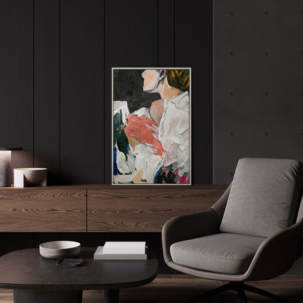Figuratives Gemälde „Abstrakte Silhouette" im modernen Wohnzimmer – expressive Wanddeko mit beigem Rahmen