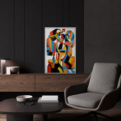 Kubistisches Acrylbild „Ausdrucksform" im modernen Wohnzimmer – bunte expressive Wanddeko mit weißem Rahmen