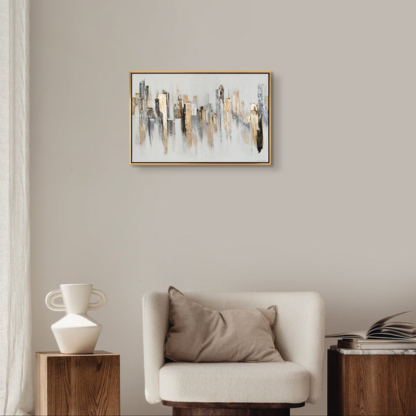 Abstraktes Stadtbild „Stadtrhythmen" im modernen Wohnzimmer – elegante Wanddeko Gold und Grau