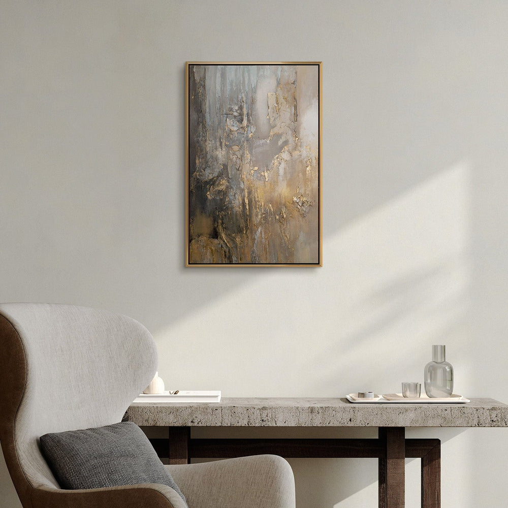 Abstraktes Acrylgemälde „Goldene Horizonte" im modernen Wohnzimmer – warme Wanddeko in Gold und Beige