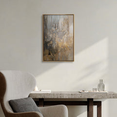 Abstraktes Acrylgemälde „Goldene Horizonte" im modernen Wohnzimmer – warme Wanddeko in Gold und Beige