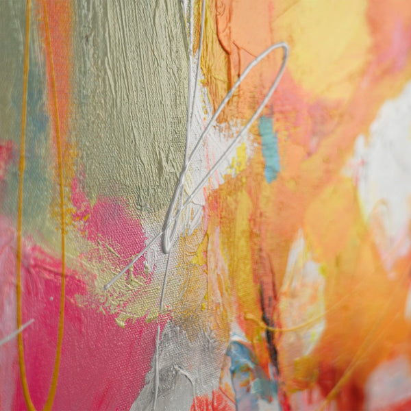 Detail des Gemäldes „Symphonie der Farben" – expressive Pinselstriche und Farbspritzer in Rot und Gelb
