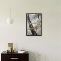 Abstraktes Acrylbild „Goldener Strich" im modernen Wohnzimmer – dynamische Wanddeko in Gold und Schwarz