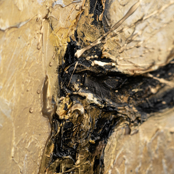 Detail des Gemäldes „Baum des Reichtums" – skulpturale Goldblätter und schwarze Äste in Relief