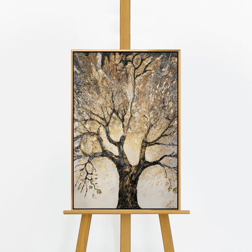 Handgemaltes Baumbild „Baum des Reichtums" auf Staffelei – goldene Baumkrone in Relief, schwarz-goldener Rahmen