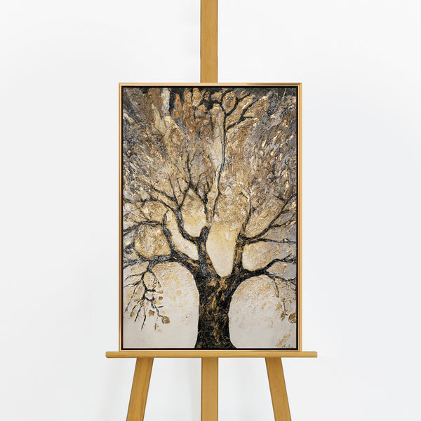 Handgemaltes Baumbild „Baum des Reichtums" auf Staffelei – goldene Baumkrone in Relief, schwarz-goldener Rahmen