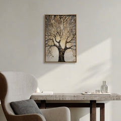 Goldenes Baumbild „Baum des Reichtums" im modernen Wohnzimmer – Lebensbaum als Wanddeko mit goldenem Rahmen