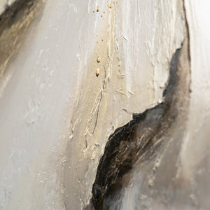 Detail des Gemäldes „Goldene Blüte" – goldener Blütenkern mit Reliefstruktur auf grauem Grund