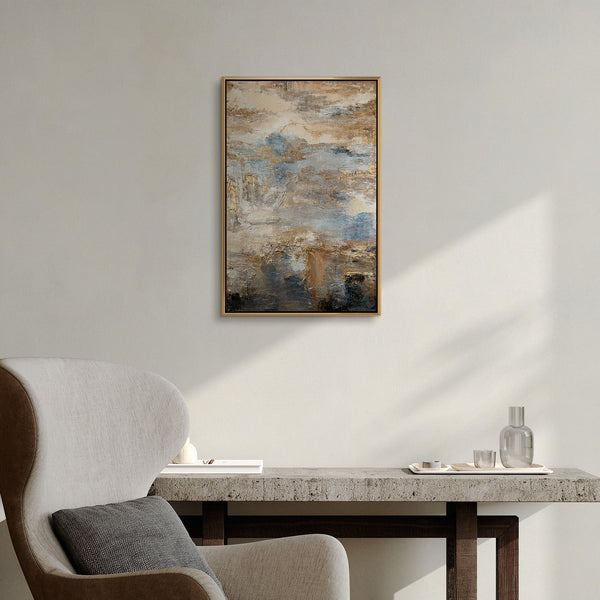 Abstraktes Gemälde „Glanz und Eleganz" im modernen Wohnzimmer – elegante Wanddeko in Beige und Gold