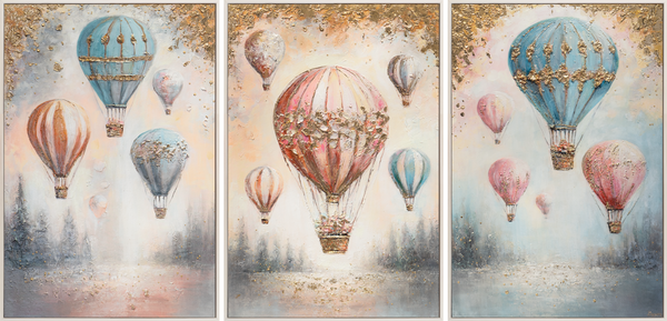 Hand-Painted Canvas Wall Art – Hot Air Balloons over Forest for Kids Room
