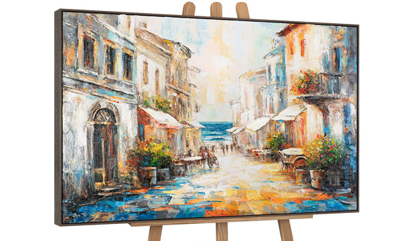 Stadt auf Leinwand – Acrylbild mit grauem Rahmen gemalt