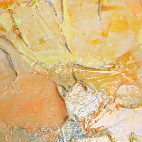 Mediterranes Leinwandbild Stadt am Meer" – Nahaufnahme der Pinselstruktur in Terrakotta und Orange