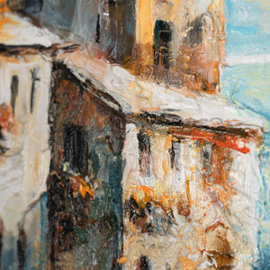 Detail des Gemäldes „Stadt am Meer" – expressive Farbschichten in Orange, Blau und Weiß 
